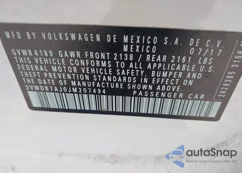 2018 Volkswagen Jetta 1.4T Se/1.4T Wolfsburg Edition из США, поврежденный, VIN 3VWDB7AJ0JM207494